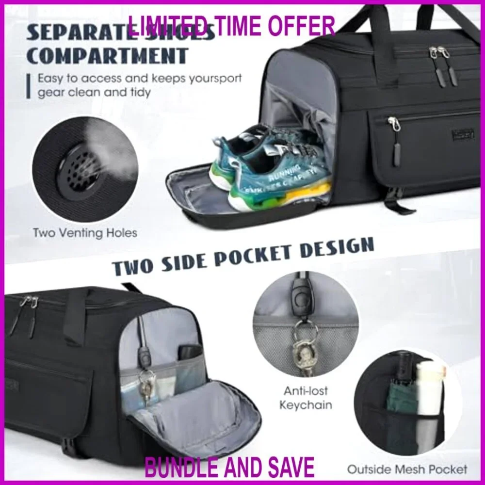 55L Water Resistant Polyester Gym Duffle Bag with Shoe Compartment & Wet Pocket